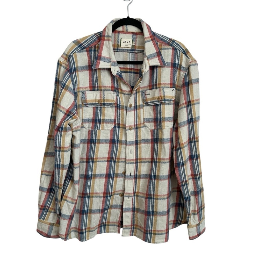 Ae77 American Eagle Men’s Long Sleeve Cream Plaid Button Up Shirt Sz L NWT